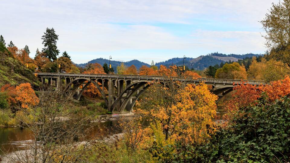 A stone bridge over a river surrounded by autumn foliage.