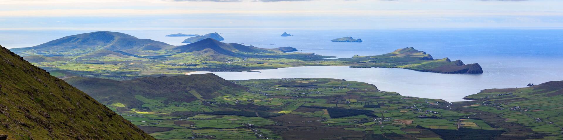 Panoramic View of Smerwick Harbour, Sybil Head and the Blasket Islands from the Slopes of Mount Brandon on the Dingle Peninsula in County Kerry, Ireland