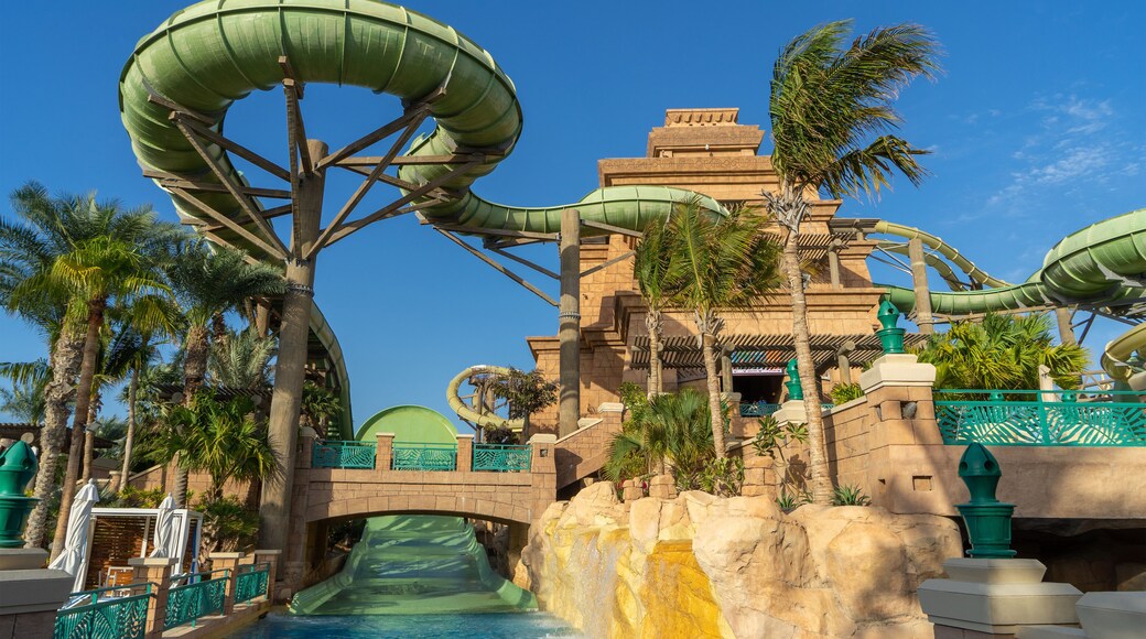 Water slides at Aquaventure Water Park. The largest water theme park in Middle East, Dubai, United Arab Emirates