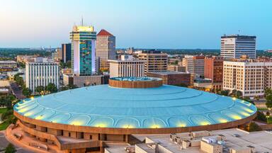 A large circular building with a blue roof surrounded by a cityscape.