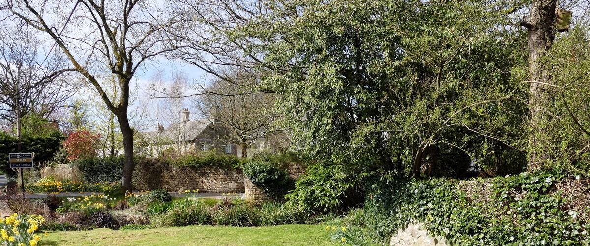 A garden with yellow daffodils, a stone wall, and a house in the background.