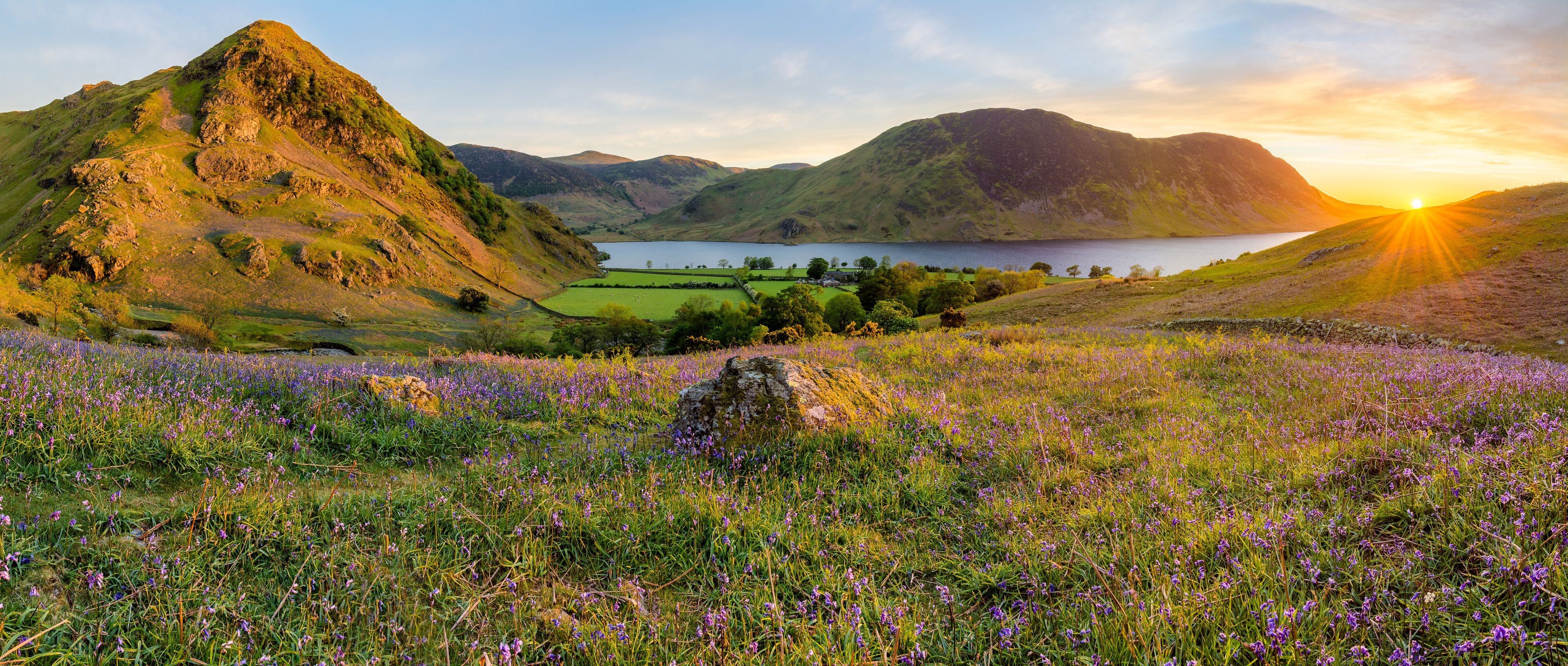 Eine Berglandschaft mit einem See, Feldern voller violetten Blumen und einem Sonnenuntergang.