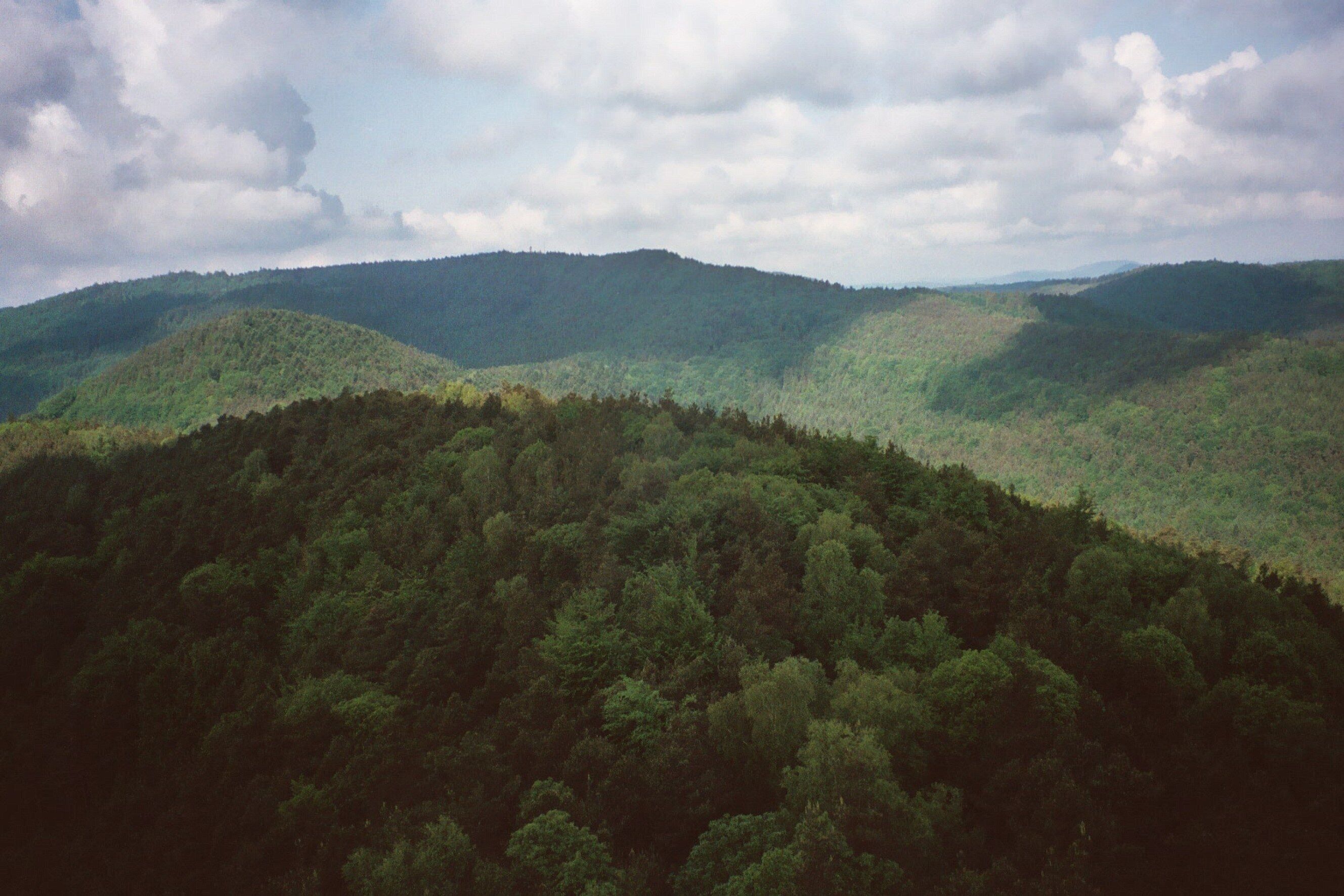 A dense forested mountain range with rolling hills and a cloudy sky.