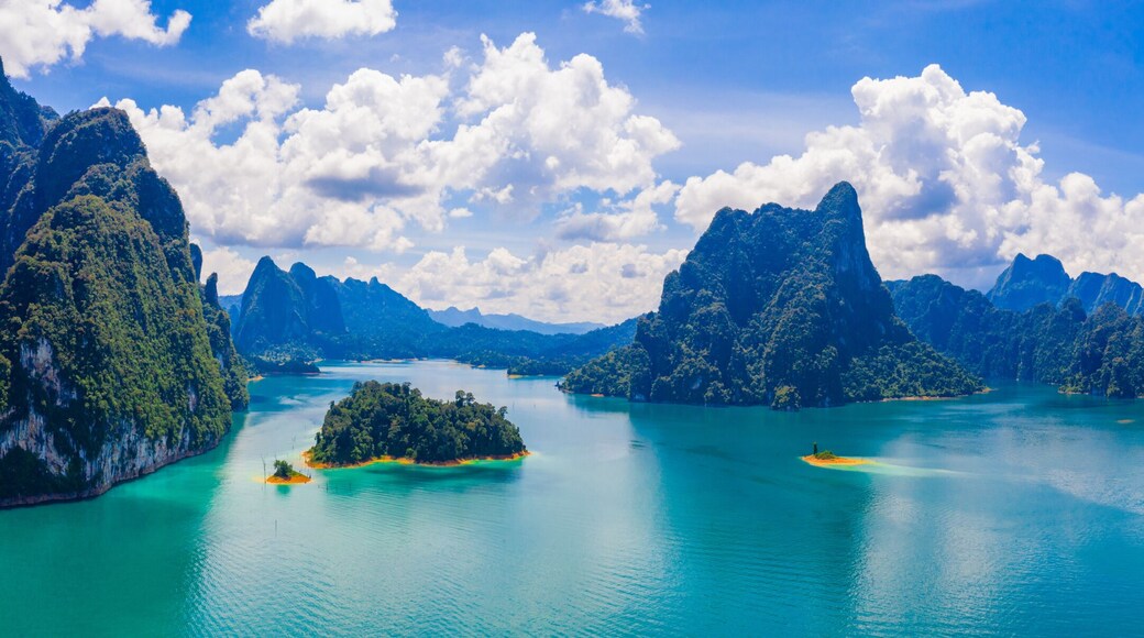 Panorama view of mountain and blue sky with cloud in Khao Sok National park locate in Ratchaprapha dam in Surat Thani province, Thailand.