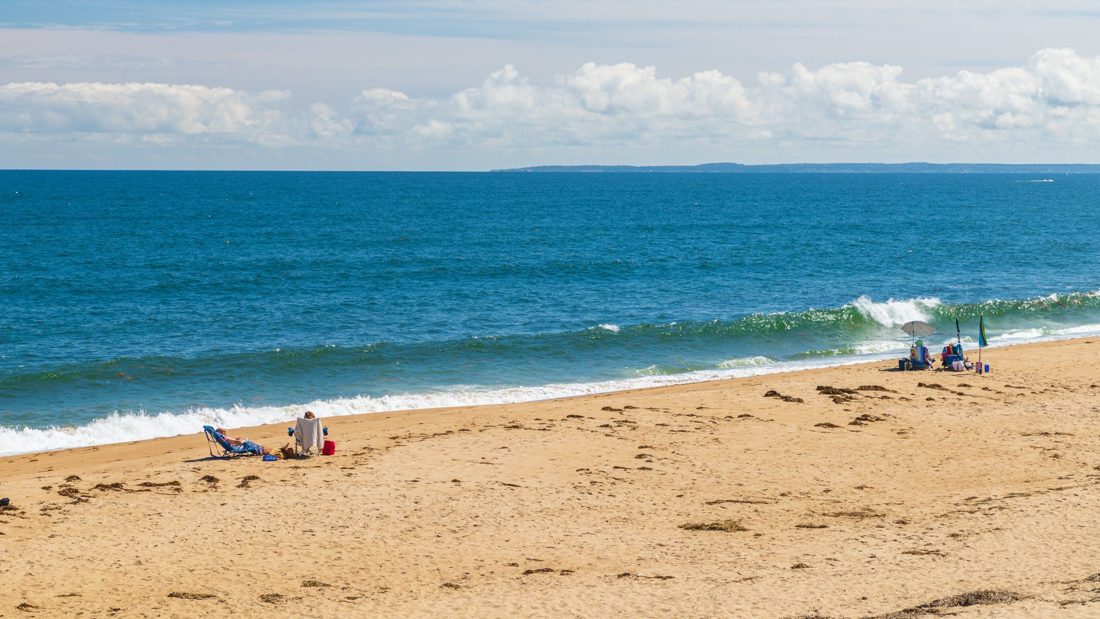 A sandy beach with ocean waves, a clear sky, and distant land.
