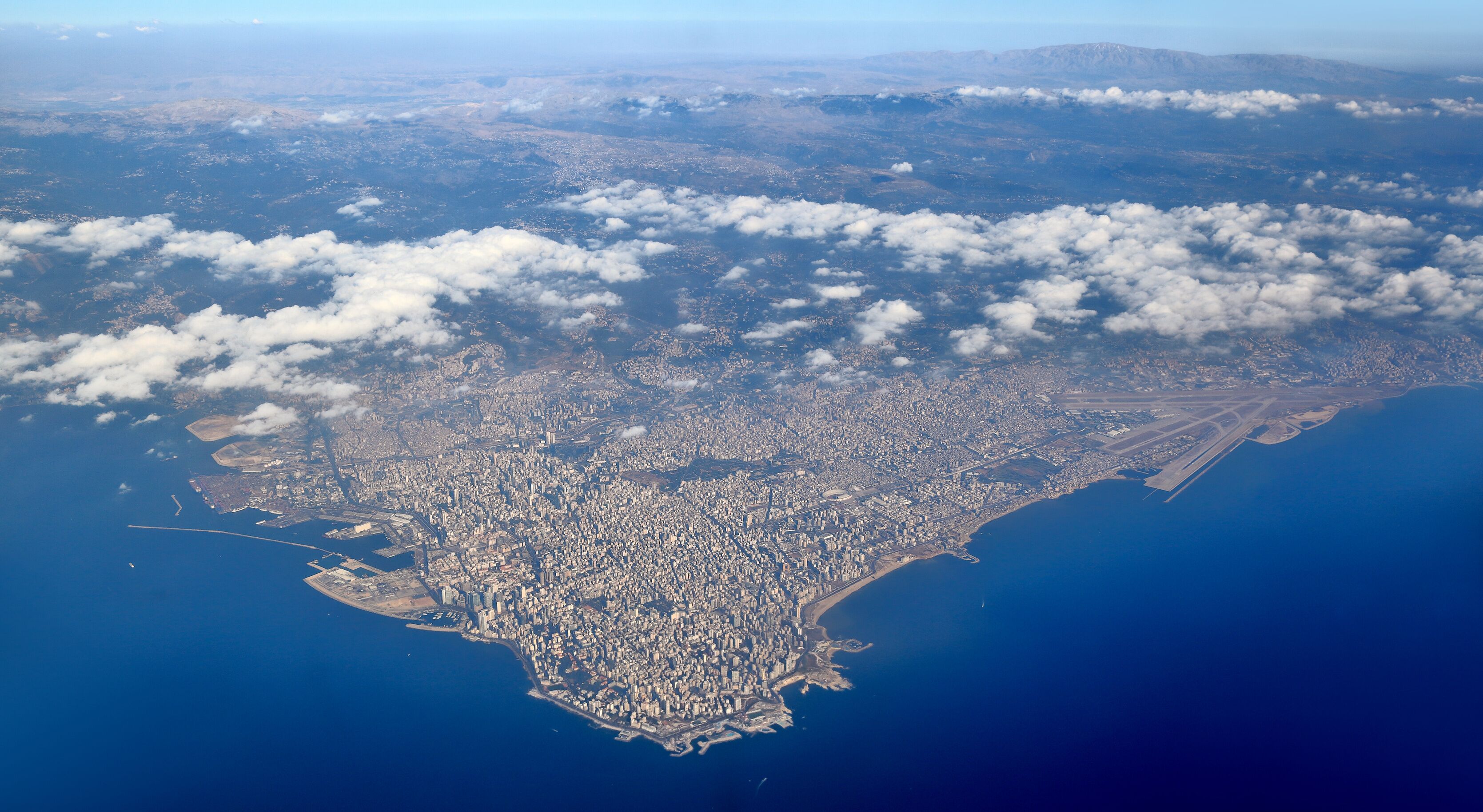 Aerial view of Lebanon from the mountains to the sea, with the entire city of Beirut in view.