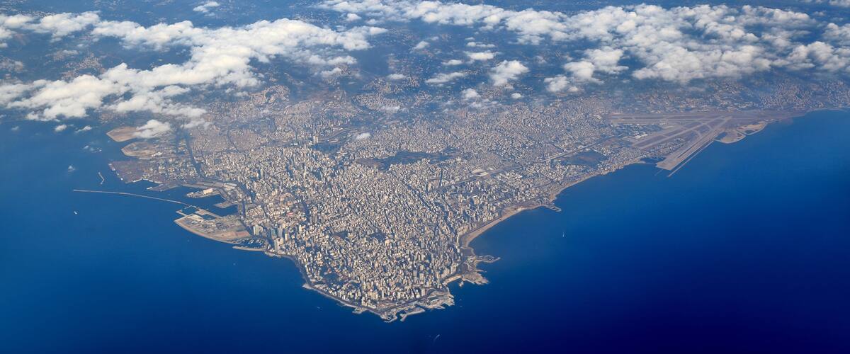 Aerial view of Lebanon from the mountains to the sea, with the entire city of Beirut in view.