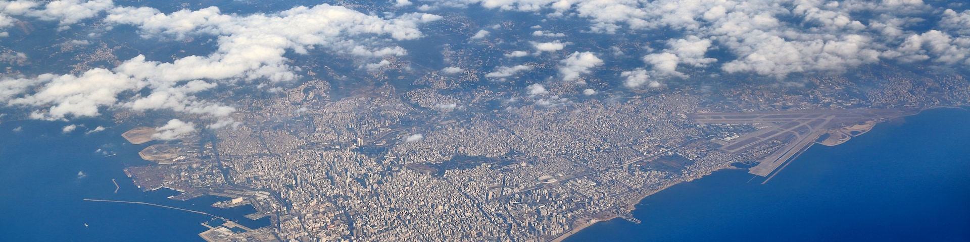 Aerial view of Lebanon from the mountains to the sea, with the entire city of Beirut in view.