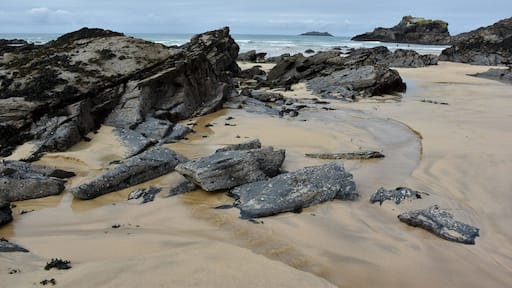 Trevone Bay beach, Padstow, North Cornwall is located to the south of Trevose Head and to the north of Harlyn Bay. one of only eight beaches that have received the award in Cornwall.
This gently shelving, sandy beach is surrounded by cliffs and situated in an area of great geological interest
The beach has golden sand and little alcoves to sit and watch away the day
The cliffs to the north east of the beach provide fantastic walks and views to Hawkers Cove, the Camel Estuary and beyond. The cliff has a large blowhole as well, which appears on top of the cliff, so beware of getting too close to the edge if you're not good with heights