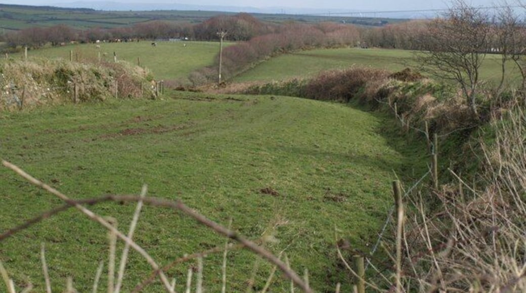 Field at Trewassa. Another view of the field seen in 735994, showing the curving banks on either side as the field drops towards the Inny. The slope on the other side is in SX1586.