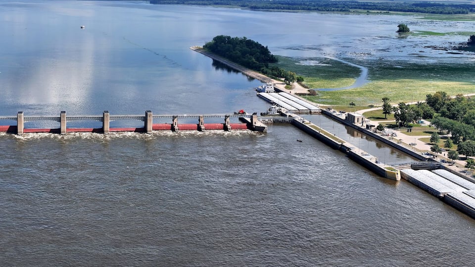 A dam with a lock system, surrounded by water and greenery.
