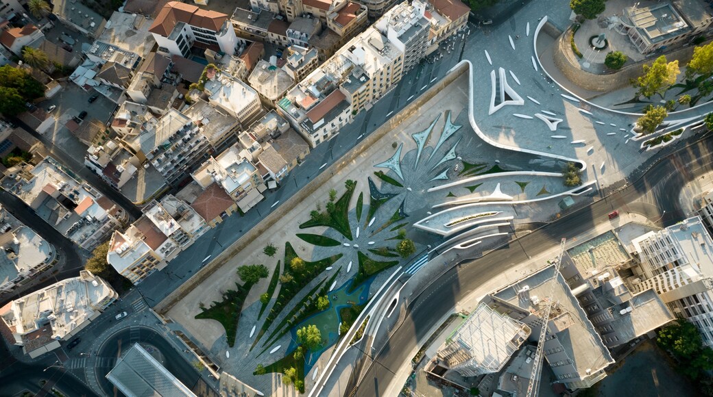 Aerial view Nicosia cityscape the capital city of Cyprus and Eleftheria square with modern futuristic architecture.
