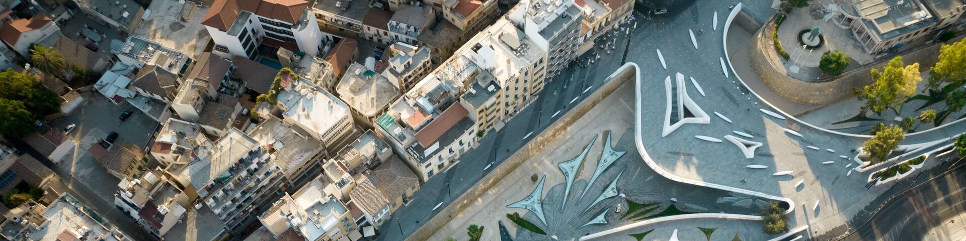 Aerial view Nicosia cityscape the capital city of Cyprus and Eleftheria square with modern futuristic architecture.