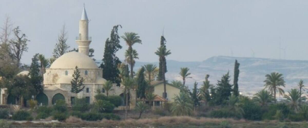 A mosque with a dome and minaret, surrounded by palm trees and a body of water reflecting the structure.