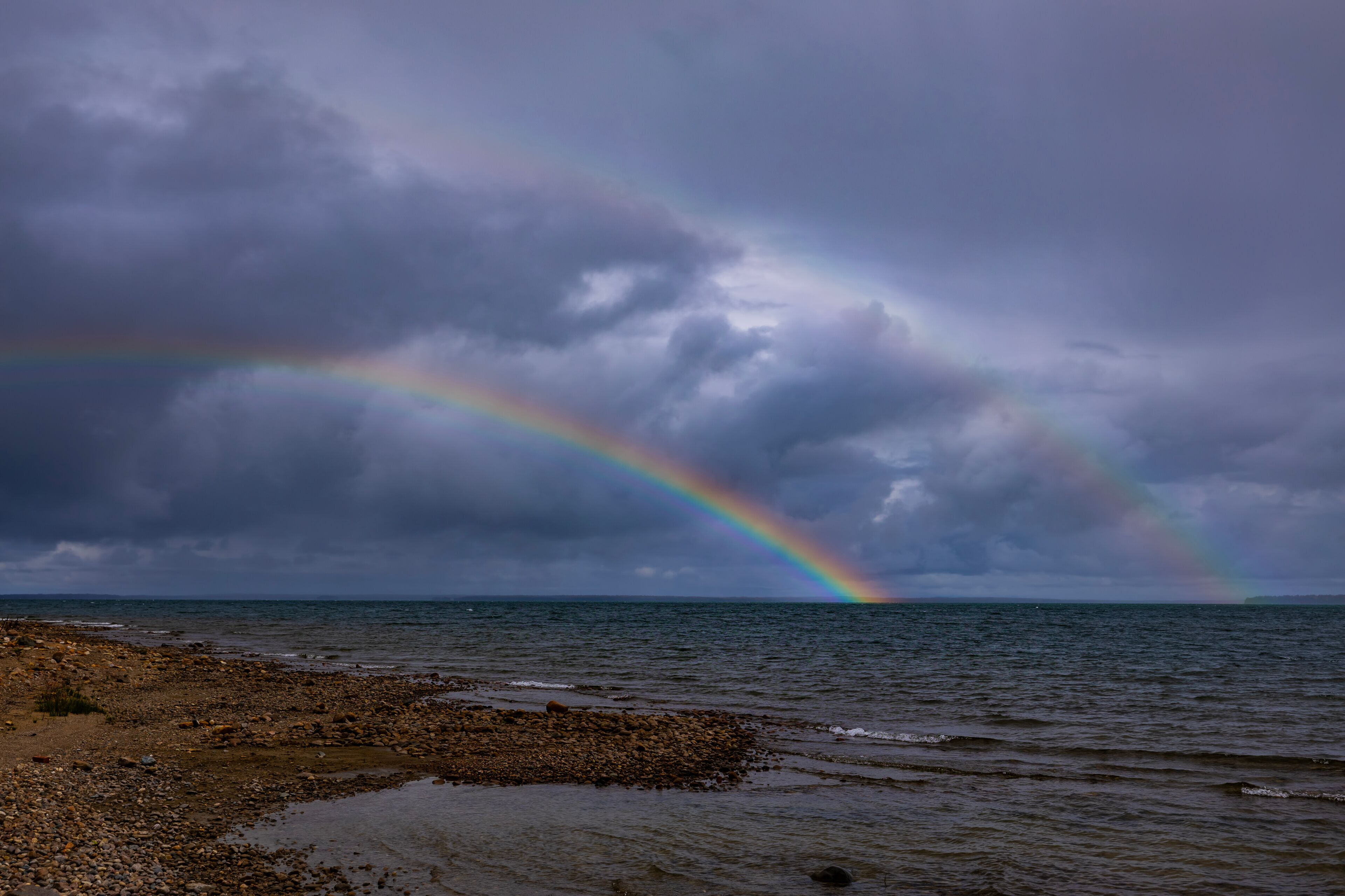 A double rainbow appears over Barrie Island, near Manitoulin Island, on a rainy October day.