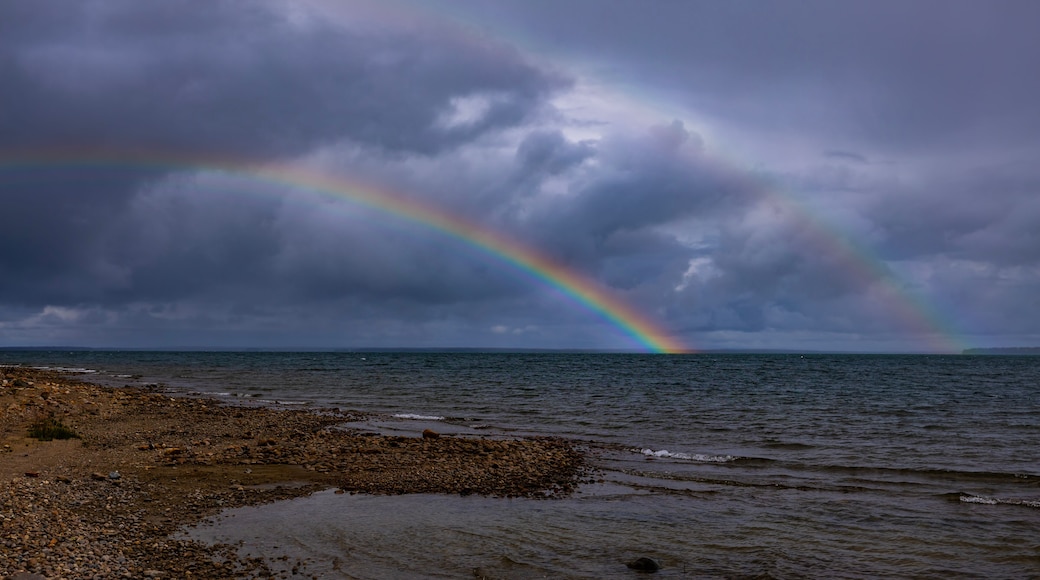 A double rainbow appears over Barrie Island, near Manitoulin Island, on a rainy October day.