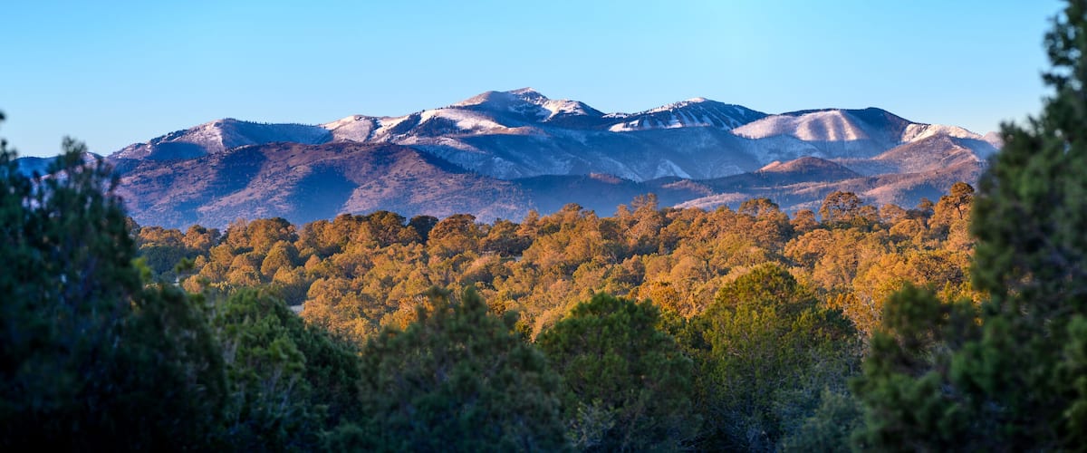 A mountain range with snow-capped peaks and a forested valley.