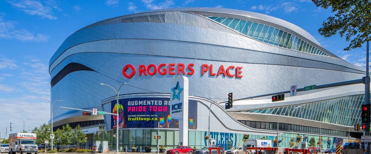 Rogers Place showing modern architecture and signage