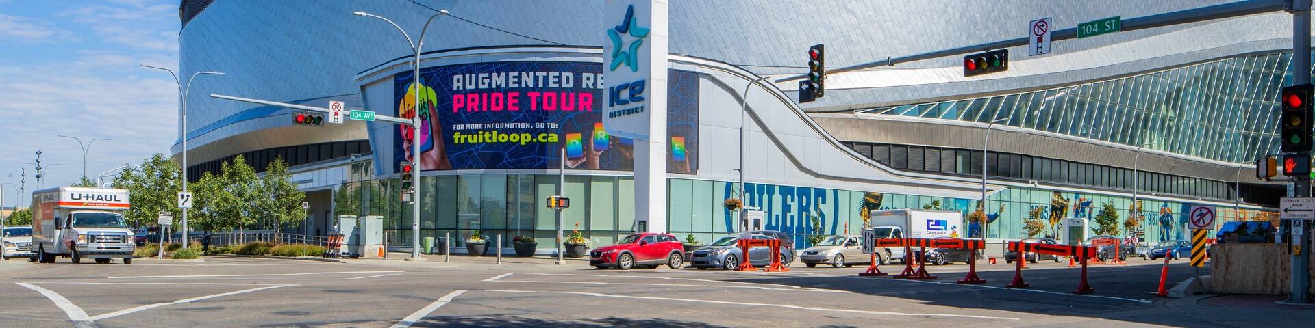 Rogers Place showing modern architecture and signage