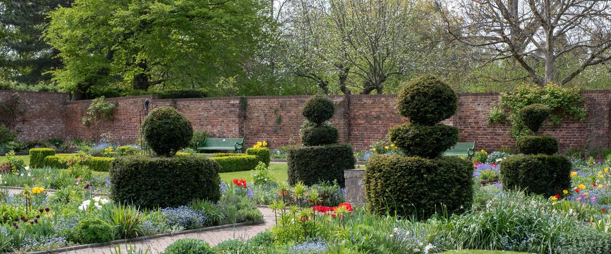A well-manicured garden with topiary trees, a brick wall, and a variety of colorful flowers.