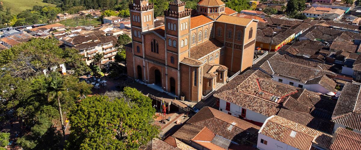 Jerico, Antioquia - Colombia - July 21, 2024. Virgin of Mercedes Cathedral of Catholic worship, located in the main park.