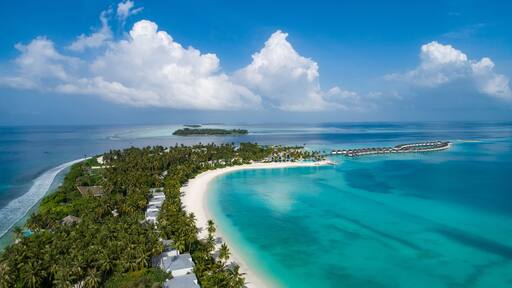 Aerial view of beautiful island at Maldives in the Indian Ocean. Top view from drone.