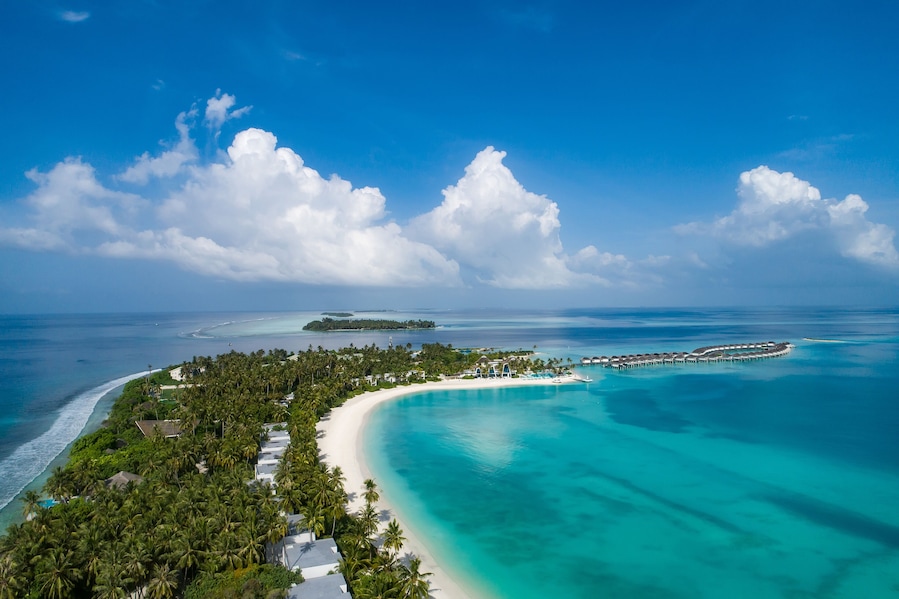 Aerial view of beautiful island at Maldives in the Indian Ocean. Top view from drone.