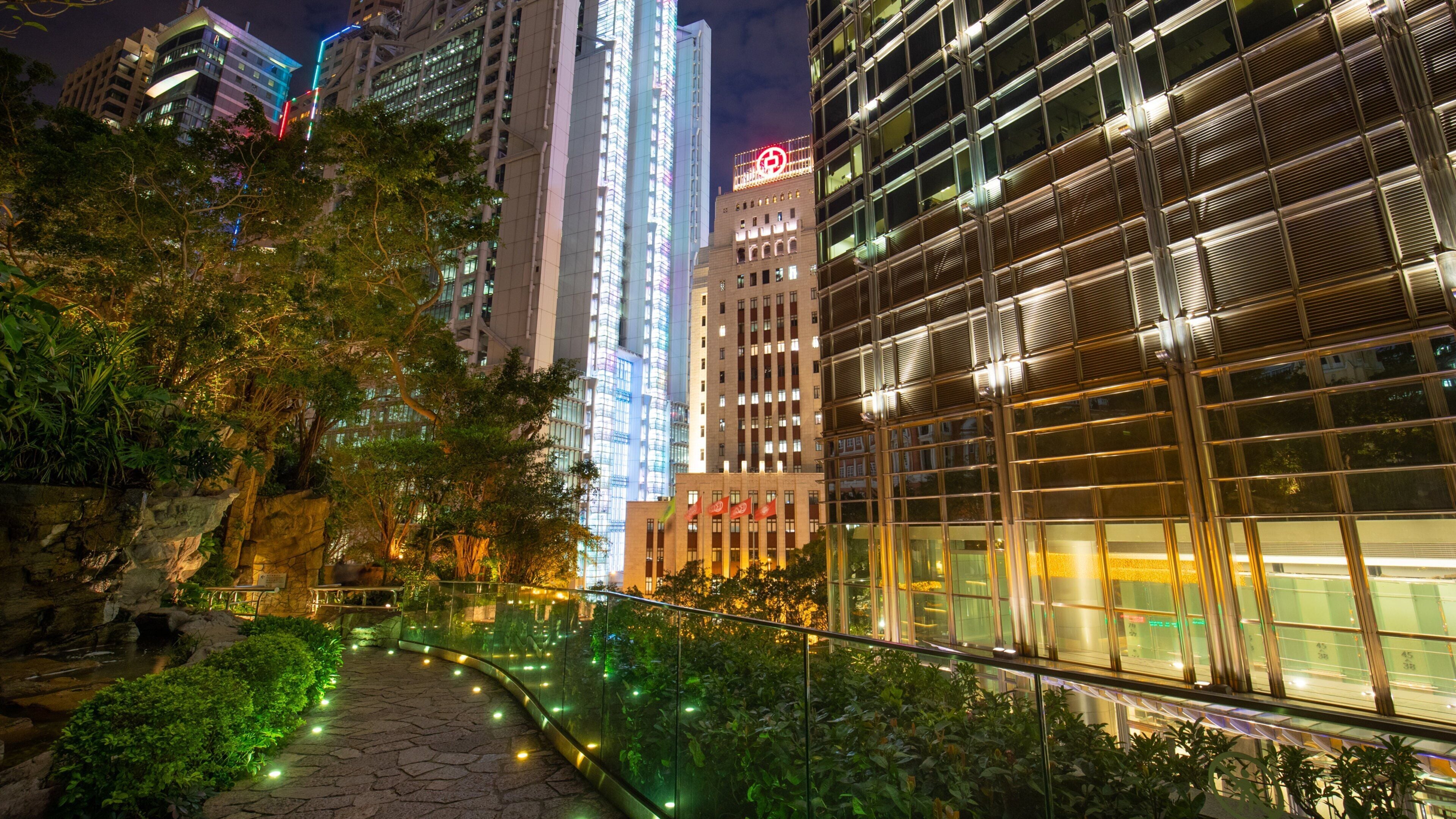 Cheung Kong Park showing night scenes, a park and a city