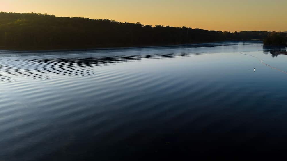 A calm lake with a kayak in the foreground and a forested shoreline in the background.