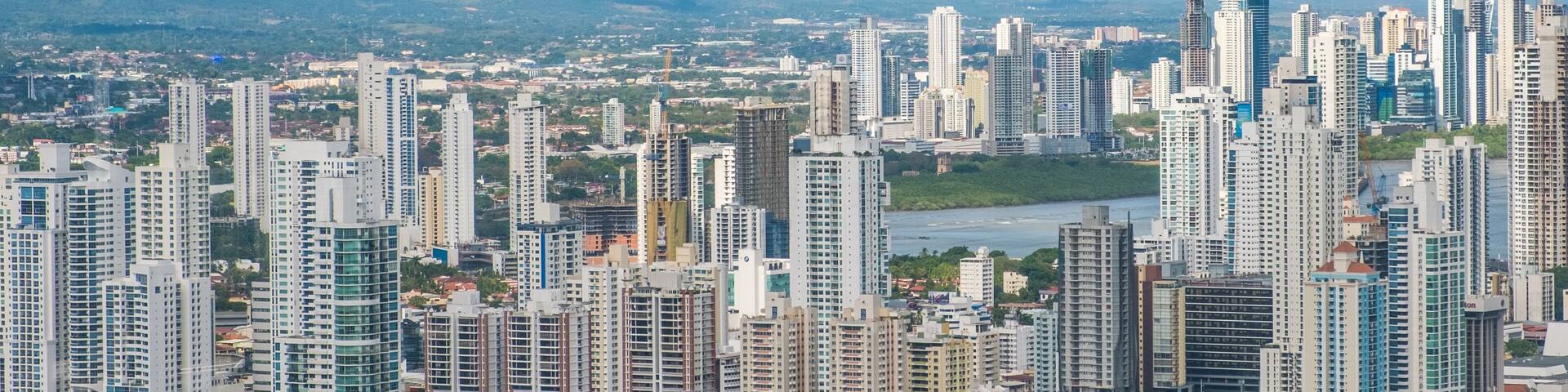 modern skyline of downtown Panama City - skyscraper building aerial -