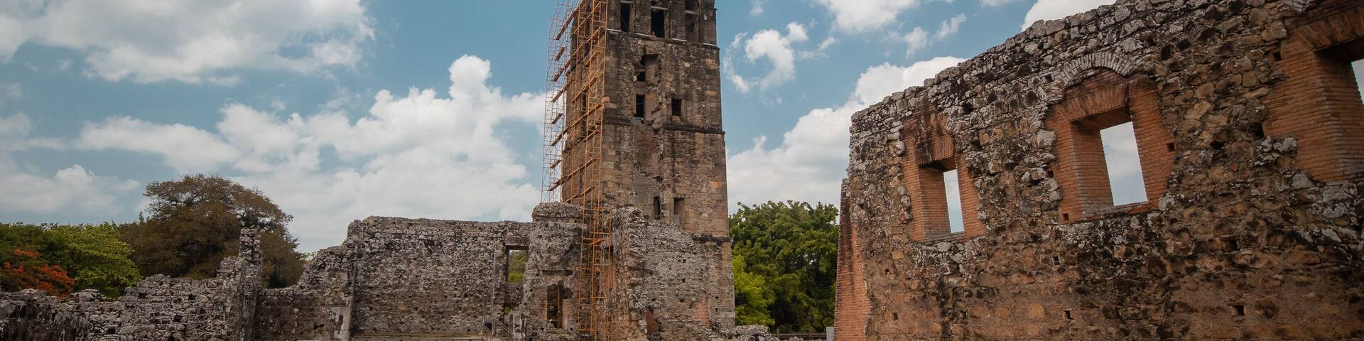 View of Panama Viejo historical city, first settlement of panama city, main square and evangelino Jimenez tower visible, other ruins surrounding the square.