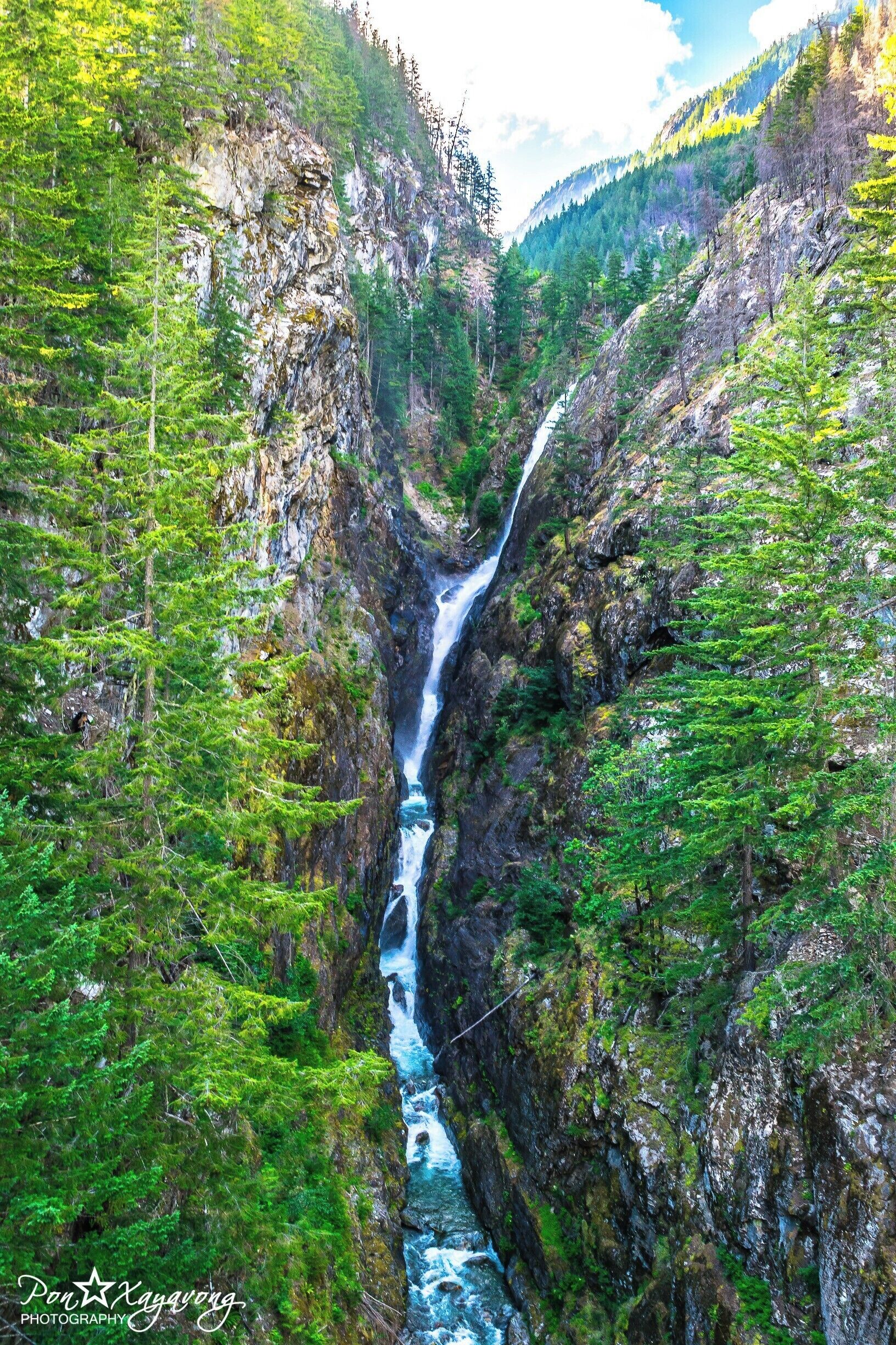 A waterfall in a forested gorge.