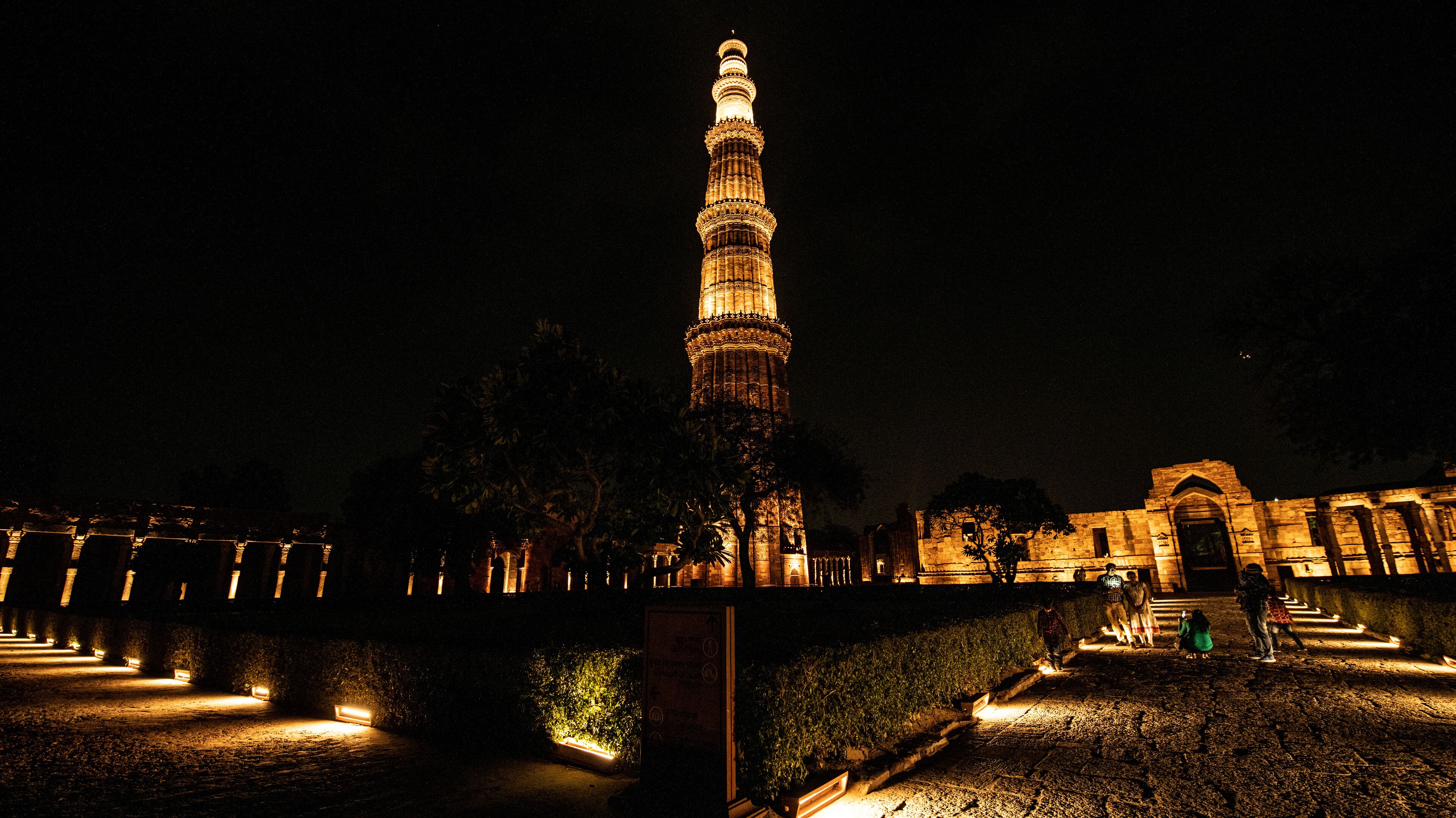 Illuminated Qutub Minar at Night, Delhi, India