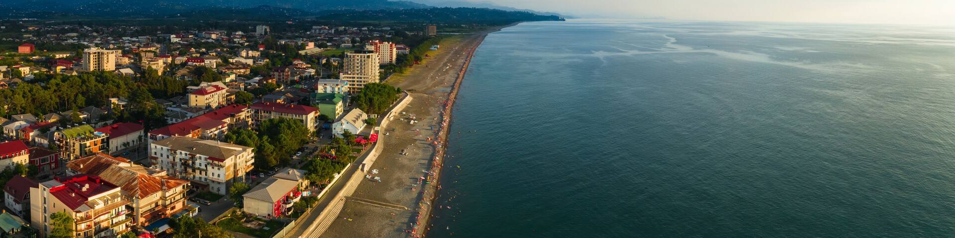 Panorama aerial view of the Kobuleti coast in Georgia. Black Sea top view of the beach in Adjara