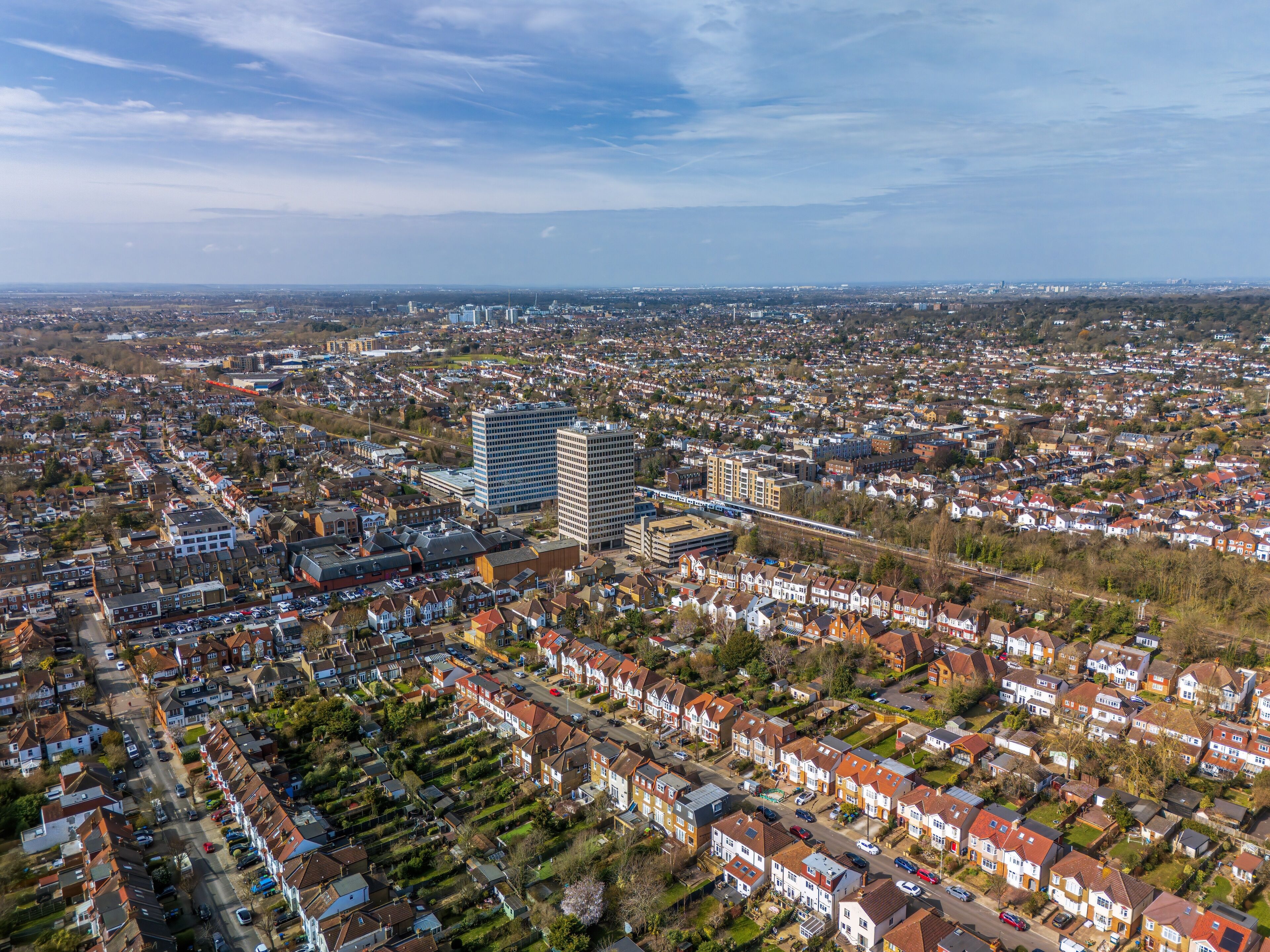 The drone aerial view of New Malden. New Malden is an area in South West London, England. It is located within the Royal Borough of Kingston upon Thames and the London Borough of Merton.