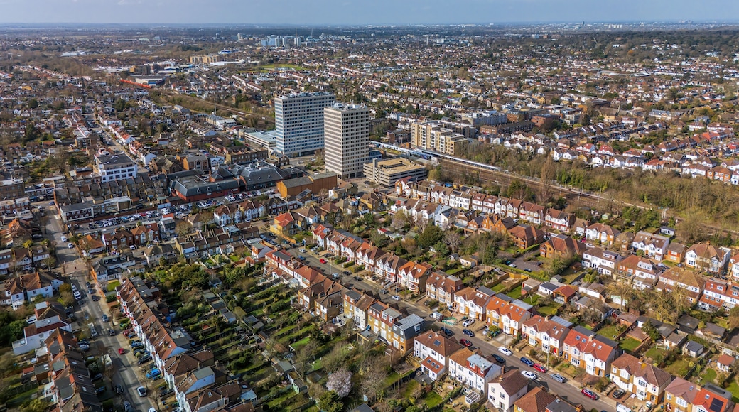 The drone aerial view of New Malden. New Malden is an area in South West London, England. It is located within the Royal Borough of Kingston upon Thames and the London Borough of Merton.