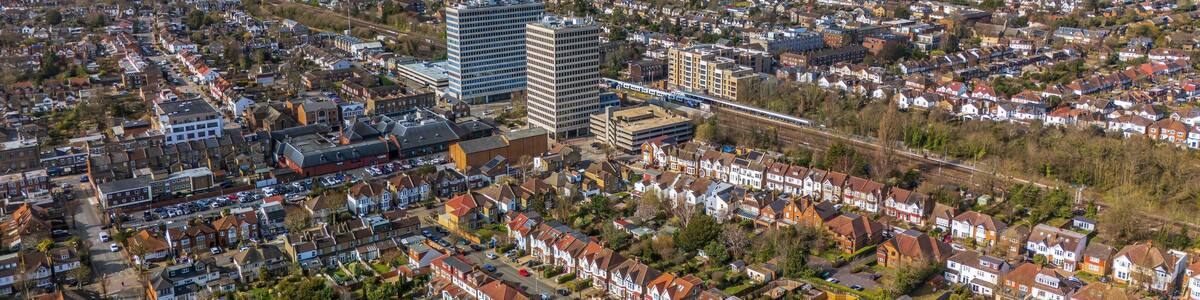 The drone aerial view of New Malden. New Malden is an area in South West London, England. It is located within the Royal Borough of Kingston upon Thames and the London Borough of Merton.