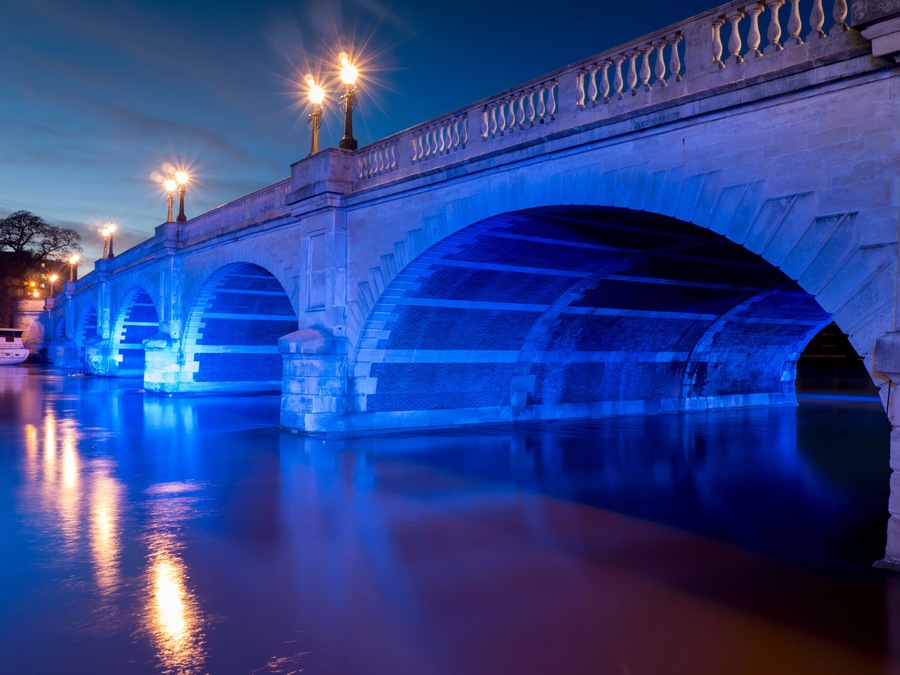 Europe, UK, England, Surrey, Kingston upon Thames, dusk riverside bridge