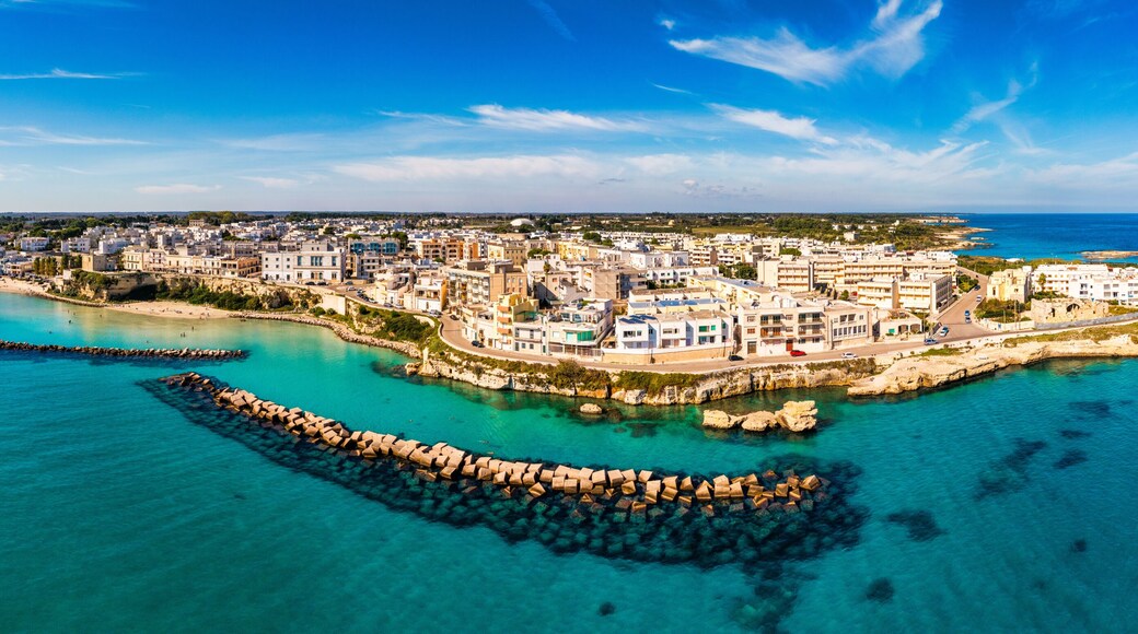 Aerial view of Otranto town on the Salento Peninsula in the south of Italy, Easternmost city in Italy (Apulia) on the coast of the Adriatic Sea. View of Otranto town, Puglia region, Italy.