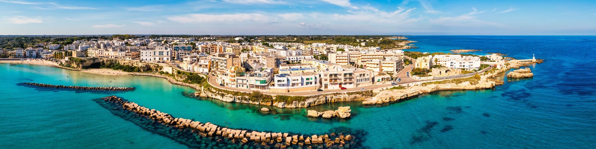 Aerial view of Otranto town on the Salento Peninsula in the south of Italy, Easternmost city in Italy (Apulia) on the coast of the Adriatic Sea. View of Otranto town, Puglia region, Italy.