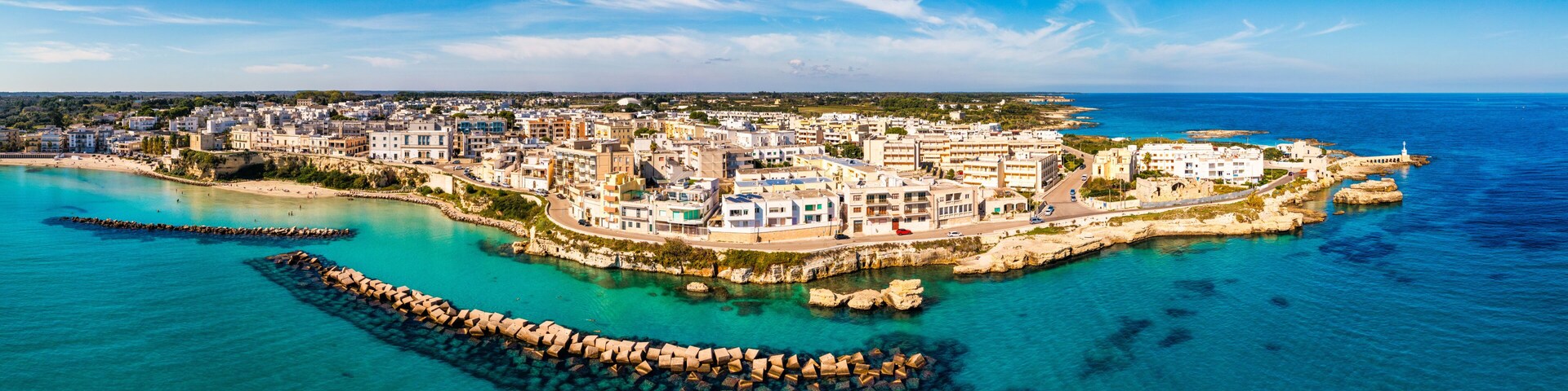 Aerial view of Otranto town on the Salento Peninsula in the south of Italy, Easternmost city in Italy (Apulia) on the coast of the Adriatic Sea. View of Otranto town, Puglia region, Italy.