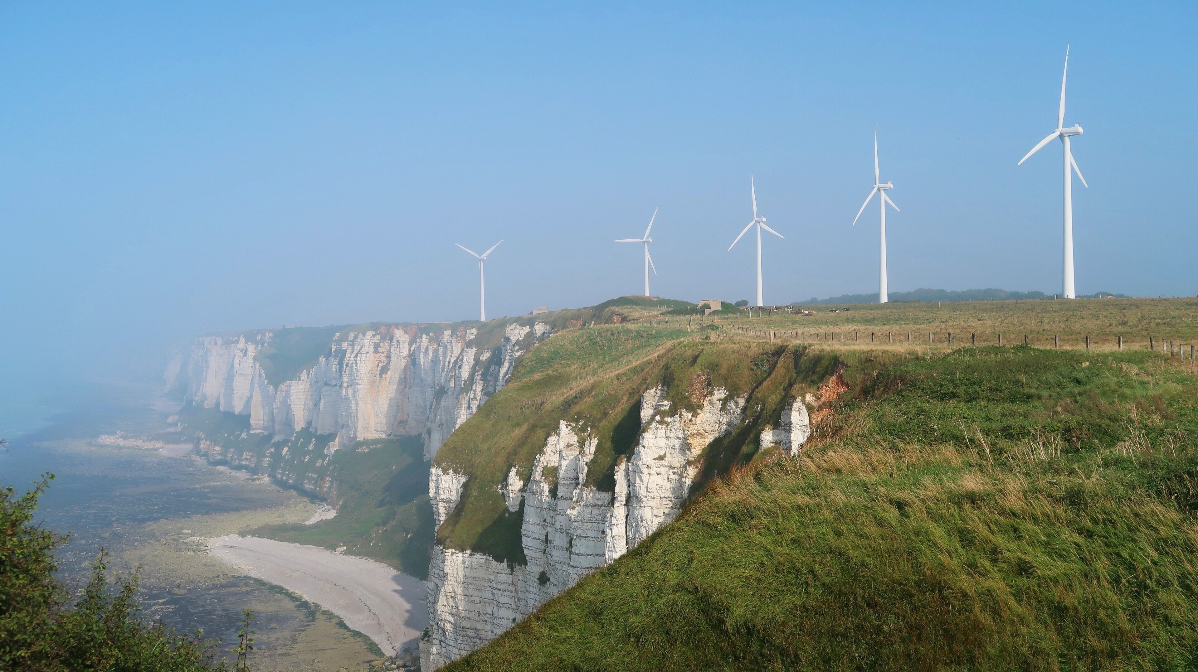 Paysage de côte normande dans la brume, avec cinq éoliennes au sommet des falaises de la ville de Fécamp, en Seine-Maritime / Normandie (France)