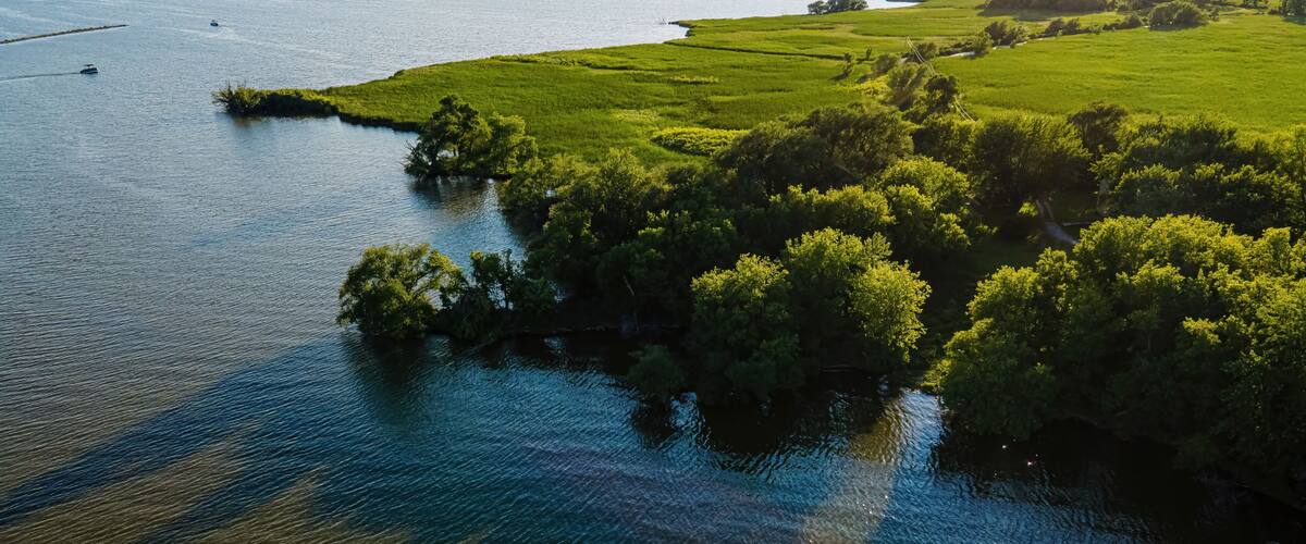 A river with boats, surrounded by green fields and trees.