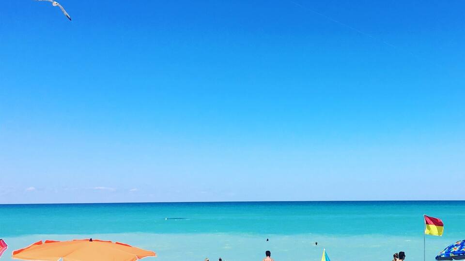 A beach with people, tents, and a kite.