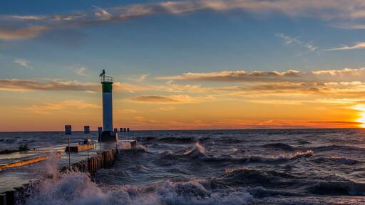 Lake Huron Lighthouse and Pier at Sunset