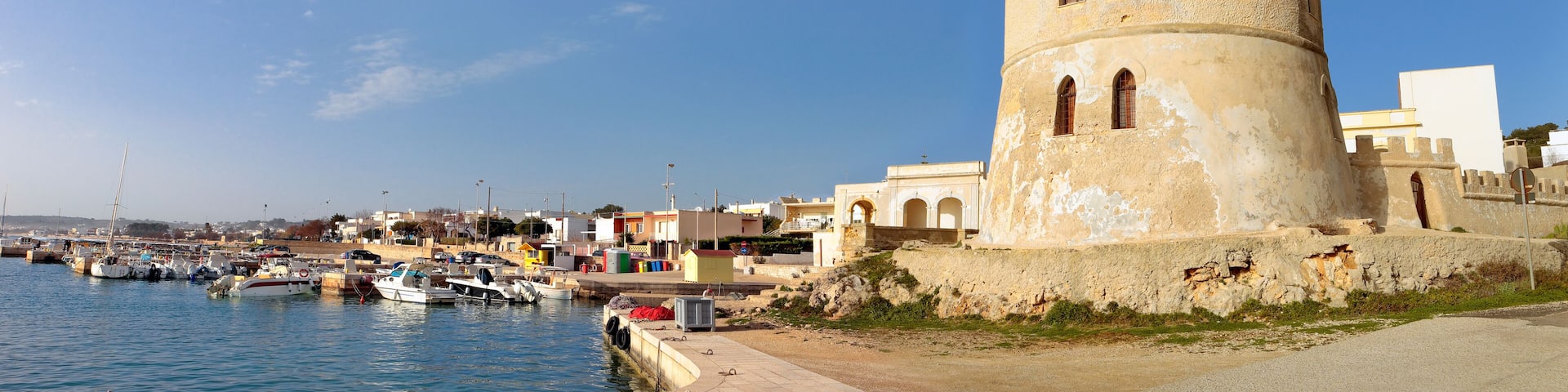 Panoramic view of Torre Vado, coastal watchtower and sea, Santa Maria di Leuca, Salento, Apulia, Italy