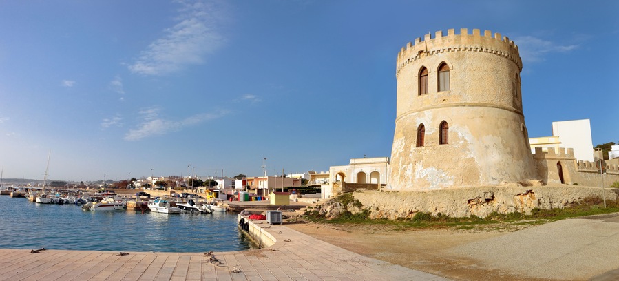 Panoramic view of Torre Vado, coastal watchtower and sea, Santa Maria di Leuca, Salento, Apulia, Italy