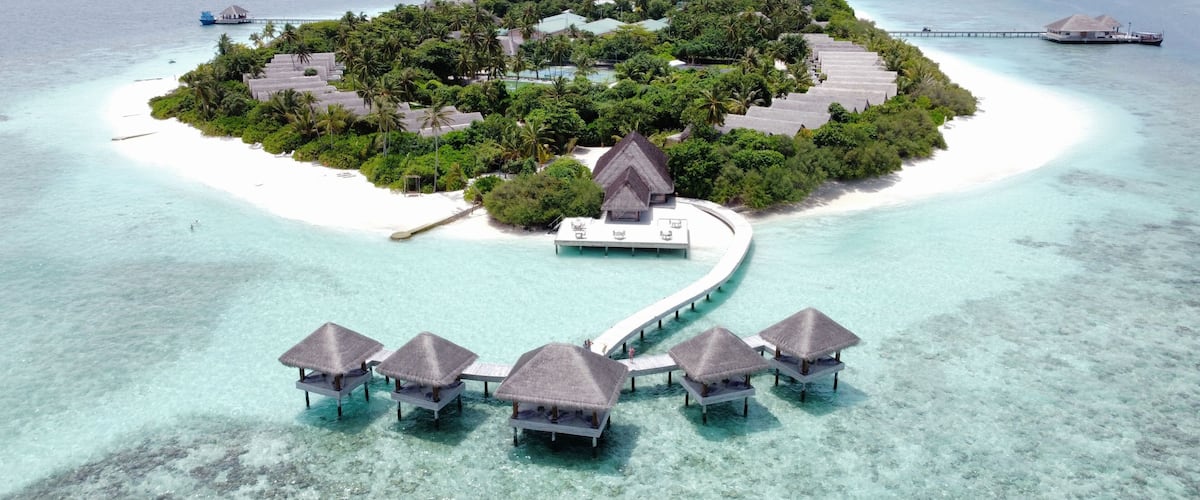 High-angle view of beautiful houses on the island in Kudafushi, Maldives