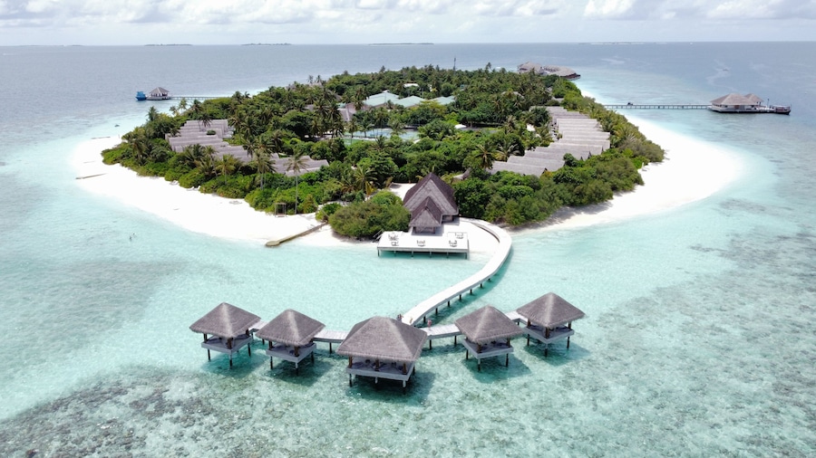 High-angle view of beautiful houses on the island in Kudafushi, Maldives