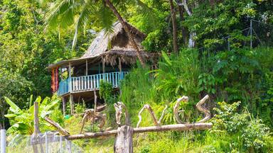 Panama, Chiriqui province, Limones welcome sign made from tree trunks, and jungle hut